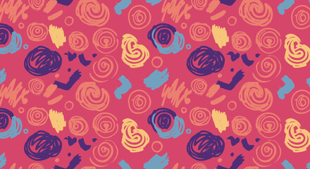 Abstract artistic pattern design with colorful swirls and shapes on pink background
