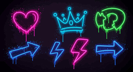 Neon graffiti illustration with heart, crown, arrow and lightning on dark backdrop