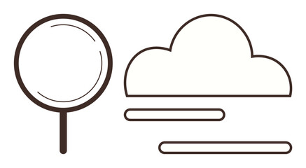 Magnifying glass and cloud outline with horizontal bars evoke themes of search, data analysis, cloud computing, technology, information retrieval, online exploration, and connectivity. Ideal
