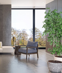 Fototapeta premium Illustration 3D rendering large luxury modern bright interiors Living room mockup computer digitally generated image