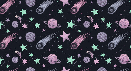 Naklejka premium Charming cosmic watercolor pattern featuring planets, stars and comets on dark sky