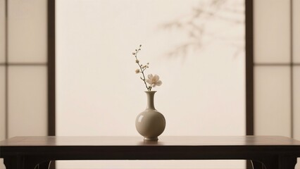 Minimalist White Vase with Flower on Wooden Table, Great for Home Decor and Zen Enthusiasts
