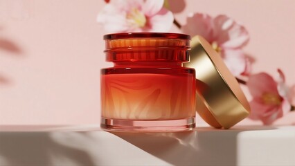 Elegant Gradient Skincare Jar with Golden Lid and Floral Accents, Ideal for Skincare and Beauty Lovers