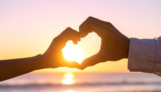 Two hands form a heart shape around the setting sun over the ocean.