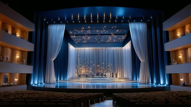 Props infused with blue energy come alive on a theater stage during a dramatic performance with actors in costume curtains drawn orchestra pit below and audience seats filled