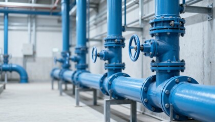 Blue Industrial Pipes with Valves in a Utility Room Setting for Plumbing or Engineering Concepts
