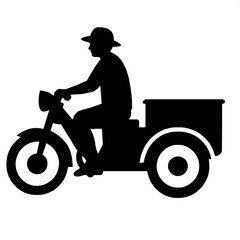 "Side view of a person in hat, shirt, and shorts riding a three-wheel motorbike with side-cart, presented as a solid black silhouette illustration on white."