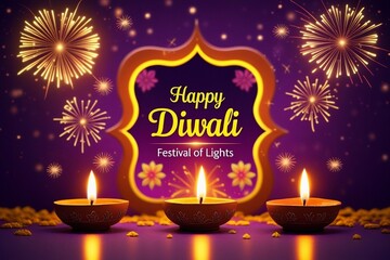 Colorful Diwali greeting with glowing diyas, fireworks, and festive background celebrating the festival of lights – AI-Generated