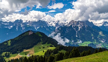 Lush green hills and meadows nestled within a breathtaking mountain range, bathed in sunlight, and crowned with snow-capped peaks.