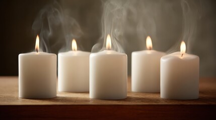 Serene Candlelight: Five White Candles Burning with Gentle Flames, Creating a Calming and Peaceful Ambiance