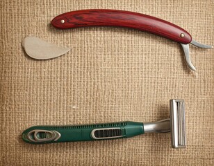 A vintage safety razor, a shaving stone, and a modern disposable razor rest on a textured surface, displaying diverse grooming tools.