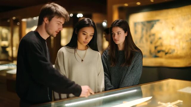 A docent leads a tour through a history museum with a pointer gesturing at a medieval sword visitors listening intently display cases glowing and a tapestry hanging in the back