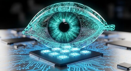Cybernetic eye with digital circuit design shows AI and data security in modern tech