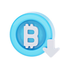 3D render of a light blue Bitcoin coin icon with a white downward arrow, symbolizing a cryptocurrency price drop or decrease.