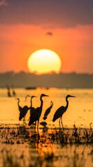 Silhouetted birds by a vibrant sunset over water