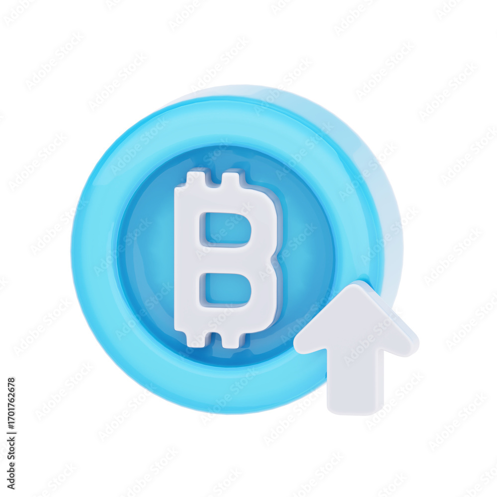 Poster 3d render of a light blue coin with a white bitcoin symbol and an upward arrow, representing cryptoc