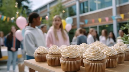 A group of juniors organizes a bake sale in the school courtyard with cupcakes displayed coins jingling colorful signs taped up and students crowding around presented in a