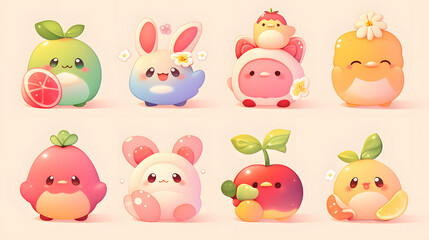 collection of cute chibi characters in fruit
