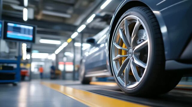 A mechanic tests a tire&rsquo;s balance in a service bay with machines spinning weights clipping a digital display flashing and a car waiting nearby captured in a technical photo