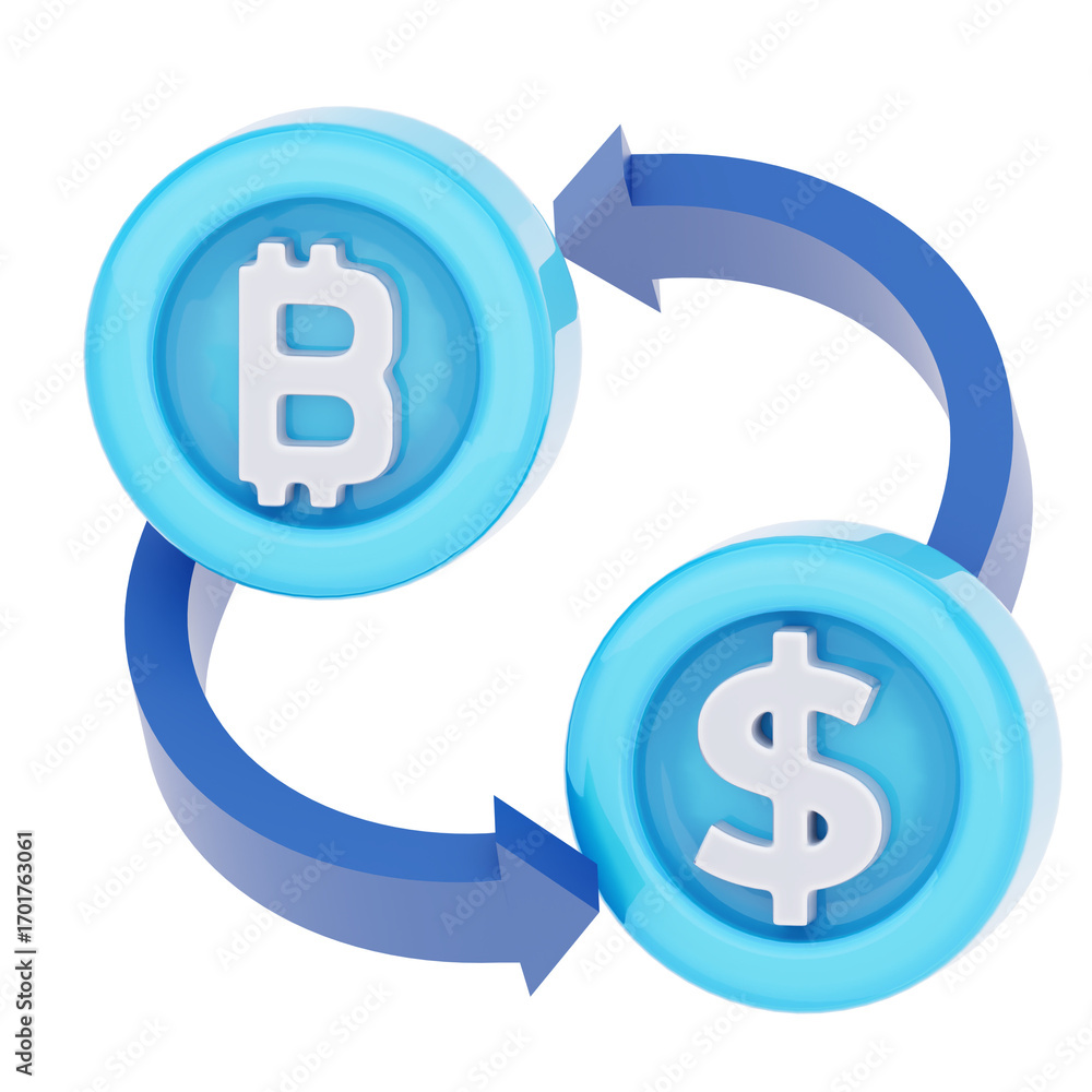 Aufkleber 3d render of a bitcoin and dollar currency exchange concept with circular arrows.