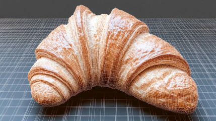 A close up shot of a single croissant on a blue and gray grid surface with soft natural lighting present