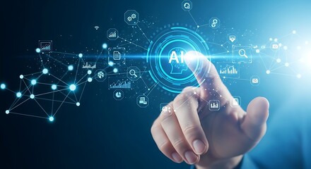 Dynamic AI innovation with futuristic neural network and digital interface touch