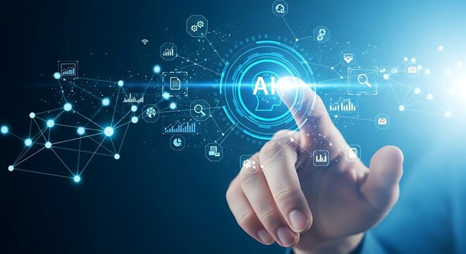 Dynamic AI innovation with futuristic neural network and digital interface touch