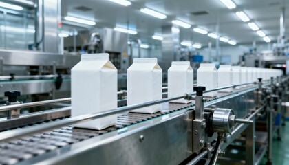 Automated Conveyor System Transporting White Cartons in a Modern Food and Beverage Production Factory