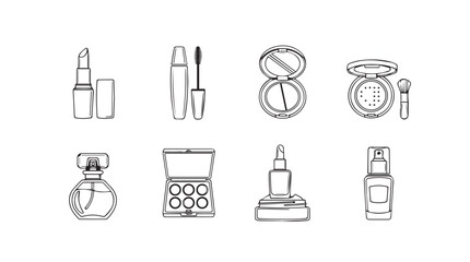 Collection of cosmetic makeup items in a simple sketch silhouette style