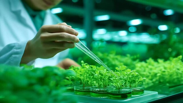 A researcher edits plant cells in a botany lab with pipettes dispensing petri dishes incubating growth chambers humming and a notebook logging traits shown in a green photo