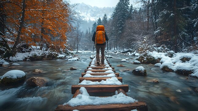 A solo hiker with an orange backpack crosses a snow covered wooden bridge over a flowing winter stream