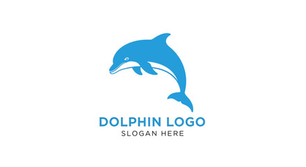 A stylized blue dolphin leaps in an elegant logo template with sample text on a white background.