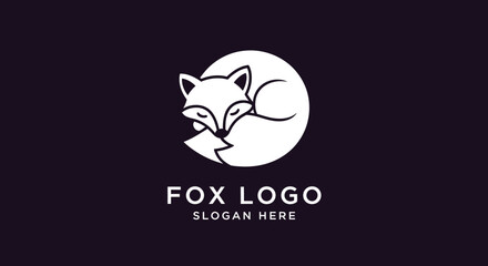 Sleeping fox curled within a circular moon design, minimalist logo.