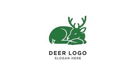 A green, stylized logo of a deer resting with its head tucked in, featuring antlers and a simple, elegant design.