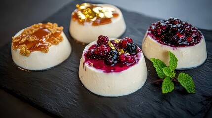 Gourmet panna cotta quartet with mixed berry compote, golden honeycomb crumble and fresh mint garnish on elegant black slate serving board