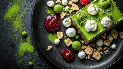 Deconstructed matcha cheesecake with white chocolate spheres, graham cracker crumbles and raspberry gel on dark ceramic plate in fine dining presentation