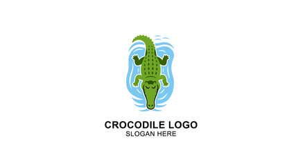 A modern logo design featuring a green crocodile swimming in blue water, viewed from a top-down perspective.