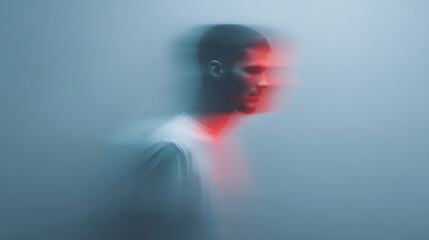 An abstract portrait of a man, captured with a blurred effect, evoking the feeling of a transient thought. The image blends the person into a mix of colors that adds emotion and character.