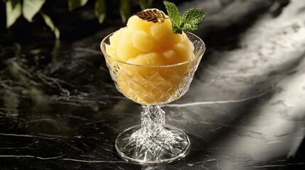 Golden champagne sorbet served in crystal cut glass coupe garnished with fresh mint leaves on elegant black marble surface in luxury restaurant setting