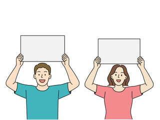 Vector Illustration of smiling women and men holding signs Illustration of smiling women and men holding signs