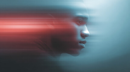 A portrait of a thoughtful individual, the image artfully combines a portrait with a dynamic graphic element, evoking a sense of movement and introspection. 
