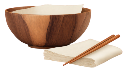 Wooden Bowl with Chopsticks and Napkin on Transparent Background