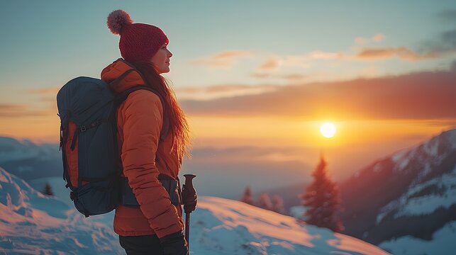 A lone hiker stands on a snowy mountain peak gazing at a vibrant sunset embodying adventure and solitude