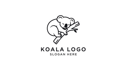 A minimalist black and white line art logo featuring a sleeping koala clinging to a tree branch, with "KOALA LOGO" and "SLOGAN HERE" text below. © Yahya
