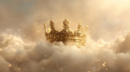 A golden royal crown floats amongst fluffy, golden clouds with sparkling light effects