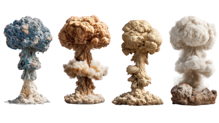 Atomic Bomb Explosion Stages:  A Series of Four Mushroom Clouds Against Transparent Background