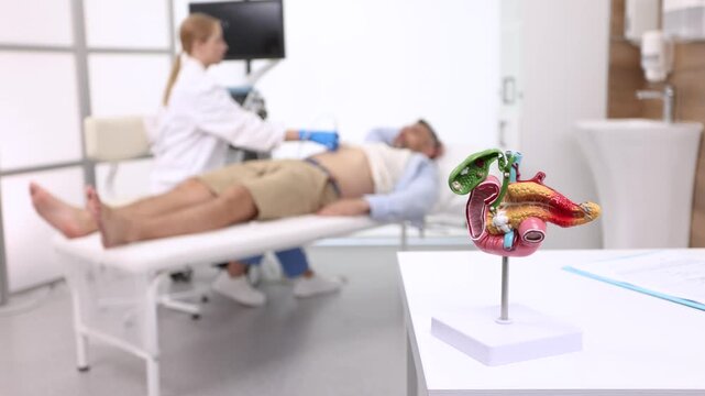 Abdominal ultrasound with ultrasound machine for male patient, close-up. Pancreas health