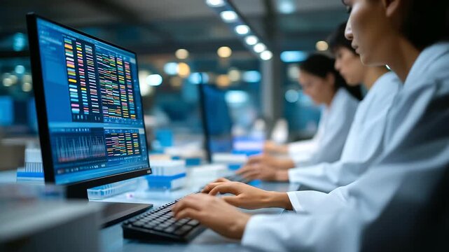 A team tests gene editing efficiency in a sequencing facility with sequencers humming data streams plotting sample racks organized and technicians analyzing results captured