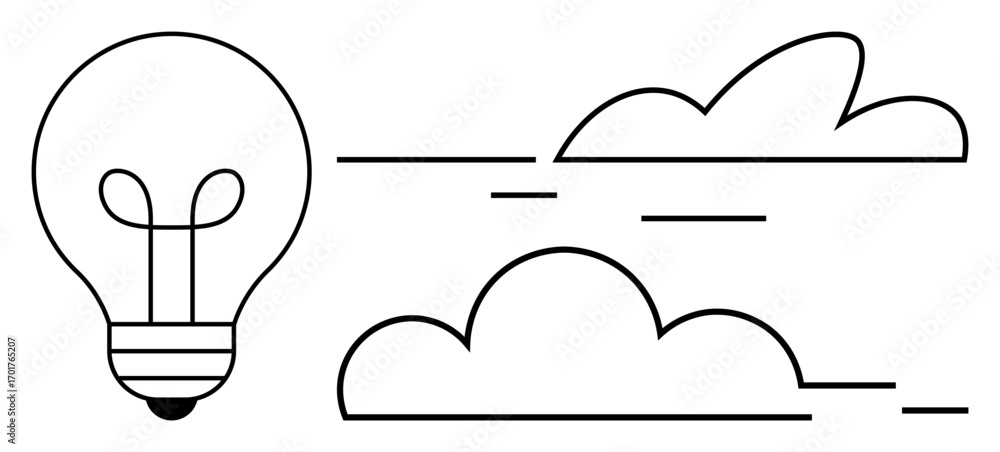 Poster lightbulb and stylized clouds in a minimal linear style. ideal for innovation, creativity, environme