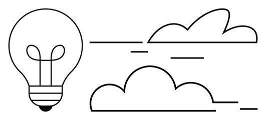 Lightbulb and stylized clouds in a minimal linear style. Ideal for innovation, creativity, environment, sustainability, idea generation, clean energy, and futuristic design concepts. A simple flat